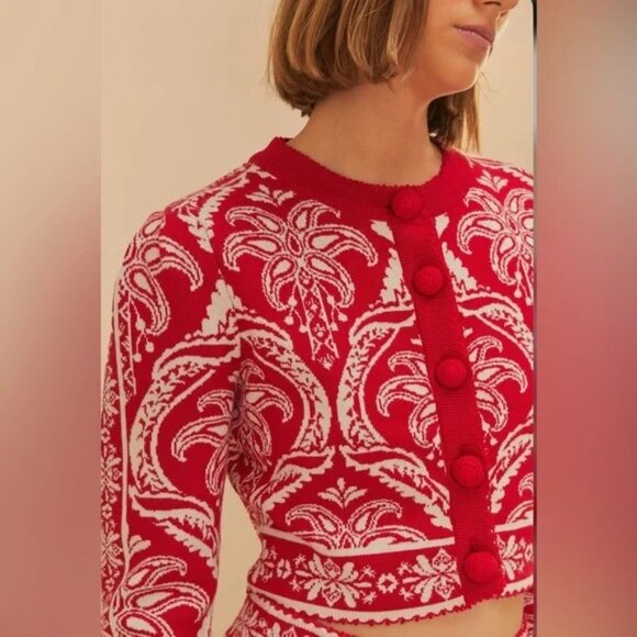 Farm Rio Tropical Jacquard Knit Cardigan Sweater Women's Size XL Red White - Picture 3 of 4